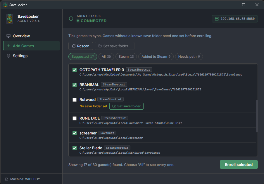 The SaveLocker agent's Add Games screen: filter chips across the top and a list of detected titles, each with its resolved save folder.
