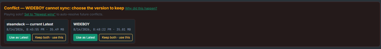 A conflict in the console: WIDEBOY cannot sync, and the two diverged saves are offered side by side — the Steam Deck's current latest at 35.49 MB and WIDEBOY's at 35.01 MB — each with buttons to use it as latest or keep both.