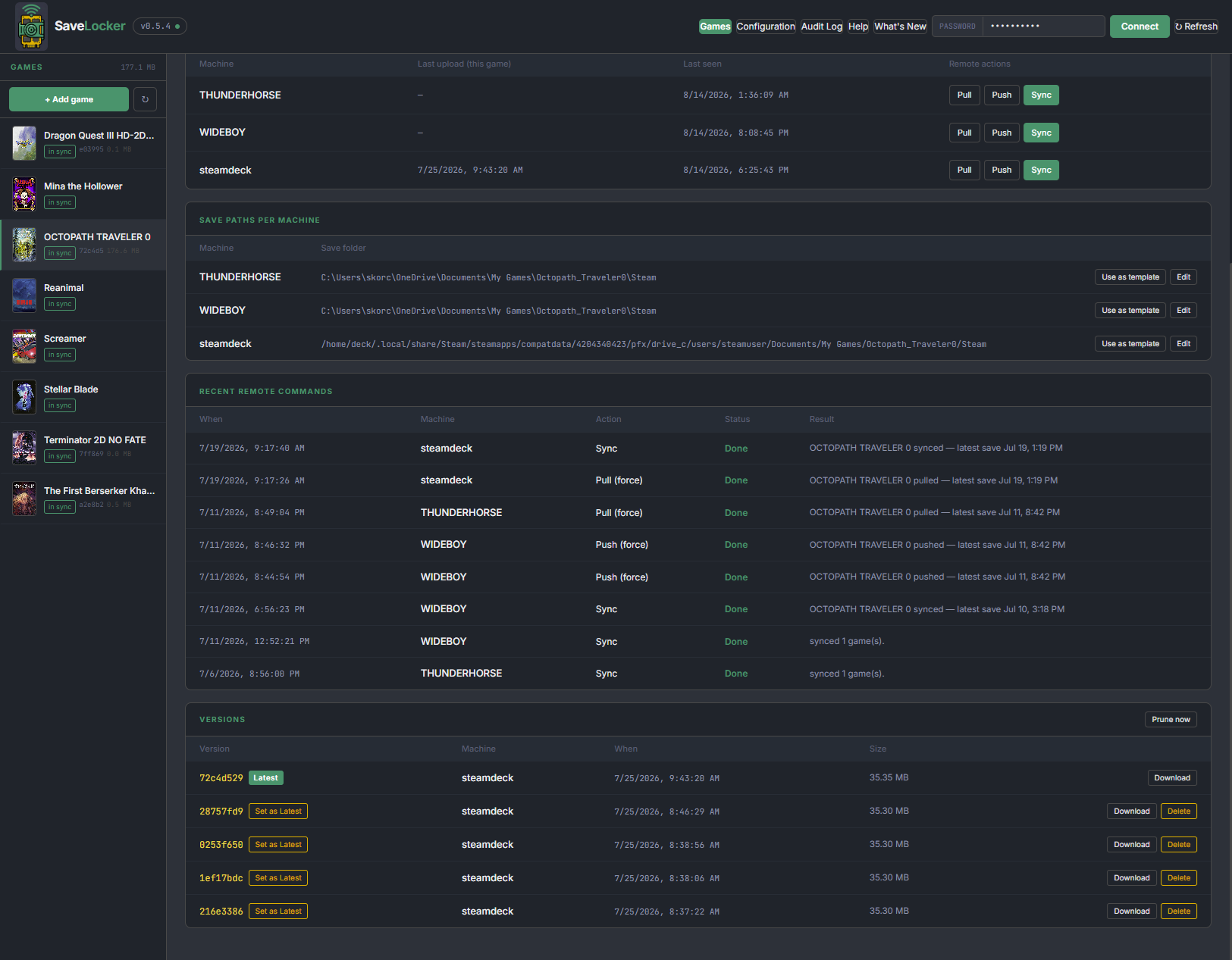 The console's game detail page: three machines with their last upload times, each machine's own save path, recent remote commands, and a version history where any earlier save can be set as the latest.