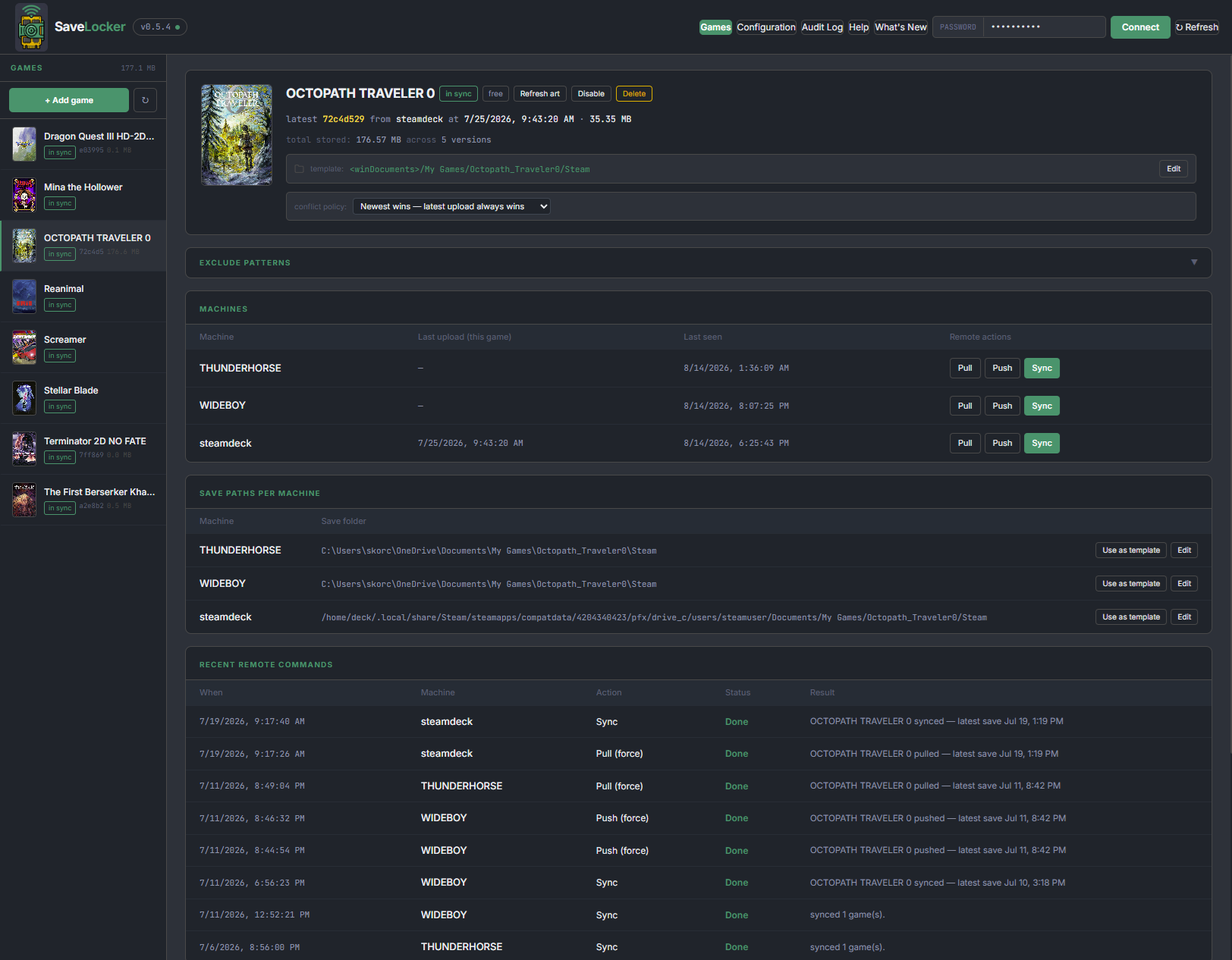 The SaveLocker console: a library of nine games down the left, each marked in sync, with the selected game's sync status, machines, save paths and recent activity filling the page.