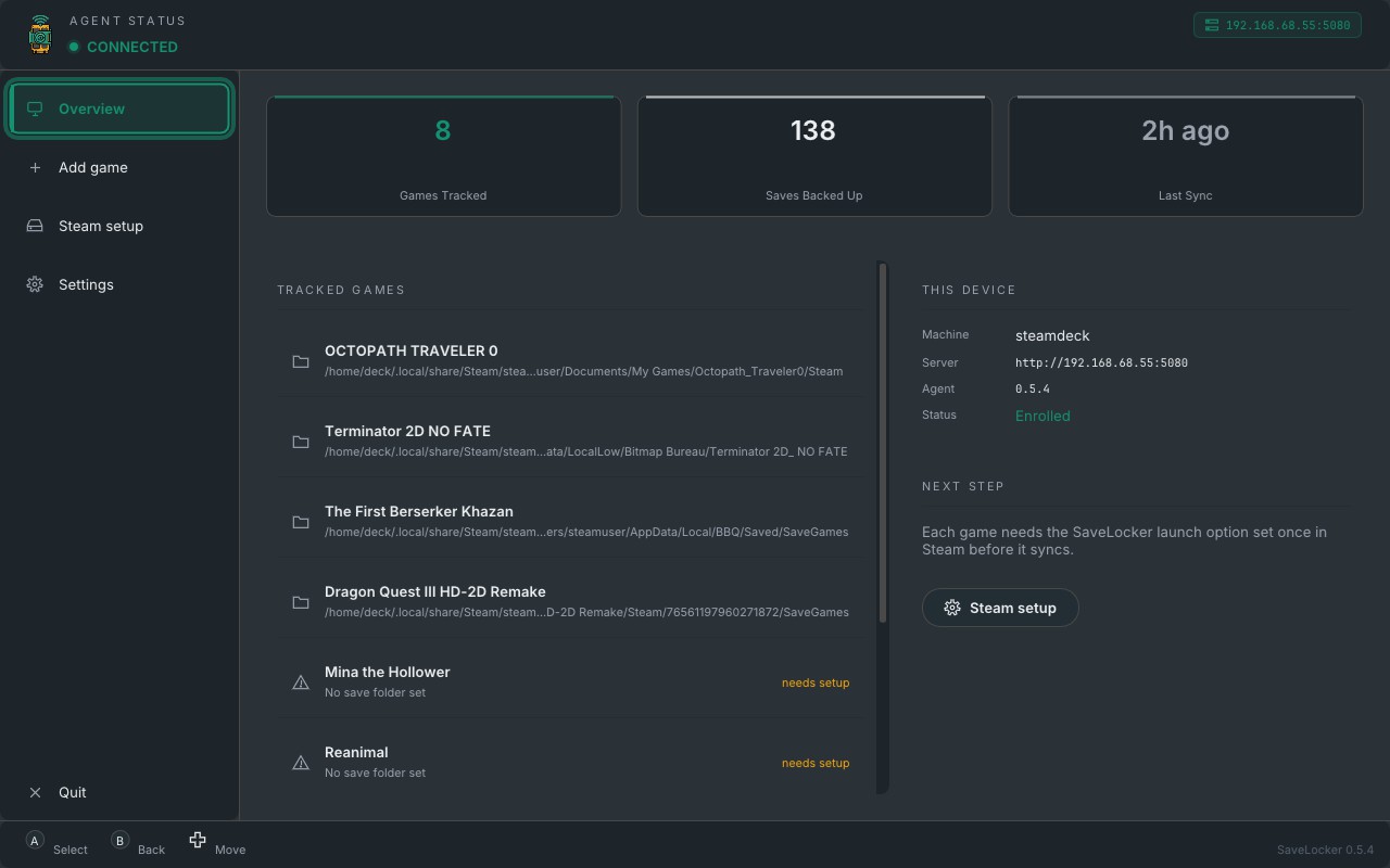 The SaveLocker Deck interface showing games tracked, saves backed up, time since last sync, and the address of the server it is enrolled with.